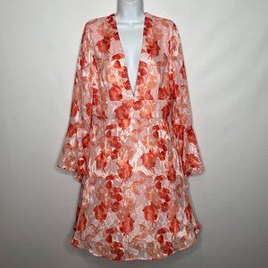 Hutch Anthro Amora Pink Peach Floral Satin Burnout Bell Sleeve Mini Dress